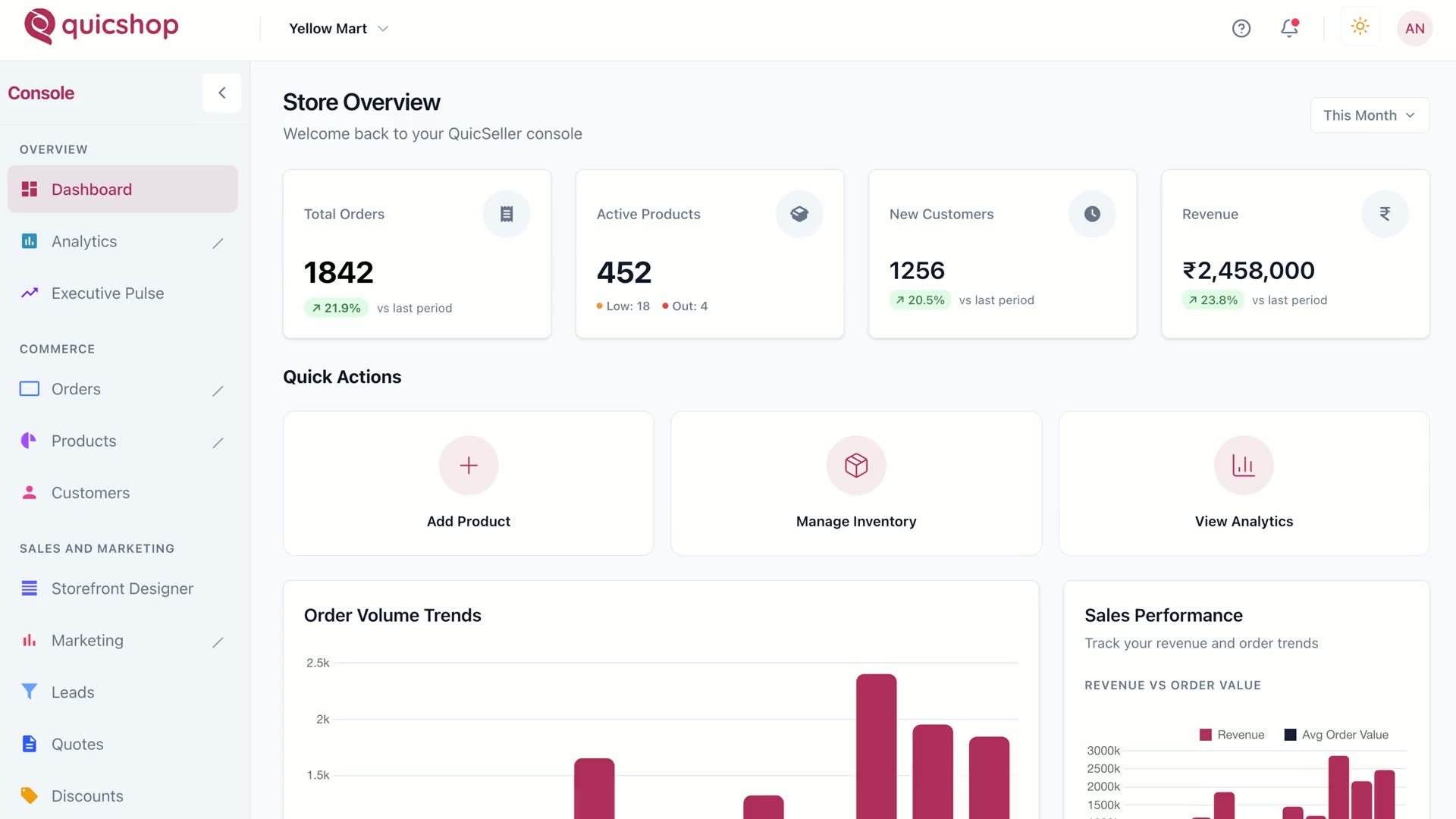 QuicShop Seller Console dashboard showing orders, revenue and analytics