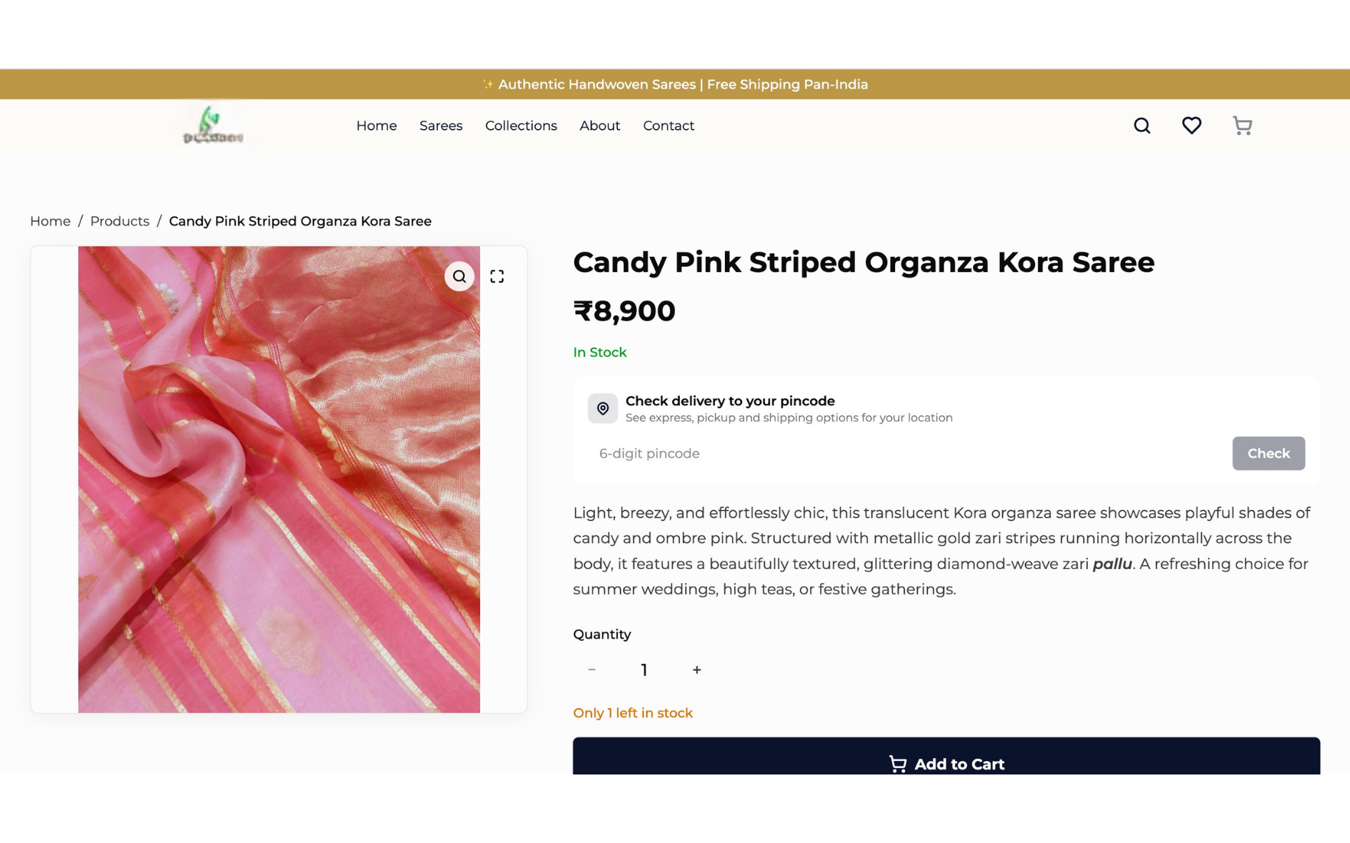 QuicShop storefront builder showing an Indian ethnic-wear store with an AI-generated product listing — title, HSN code and SEO ready